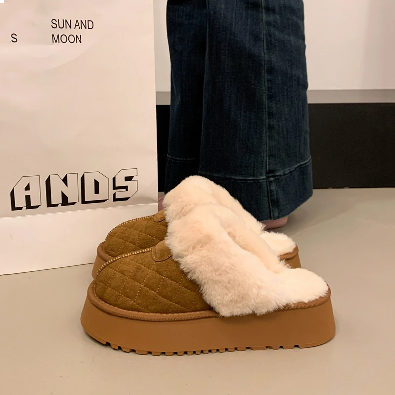 厚底增高雪地靴女款棉拖鞋子外穿2025新款冬季一脚蹬加绒毛毛半拖