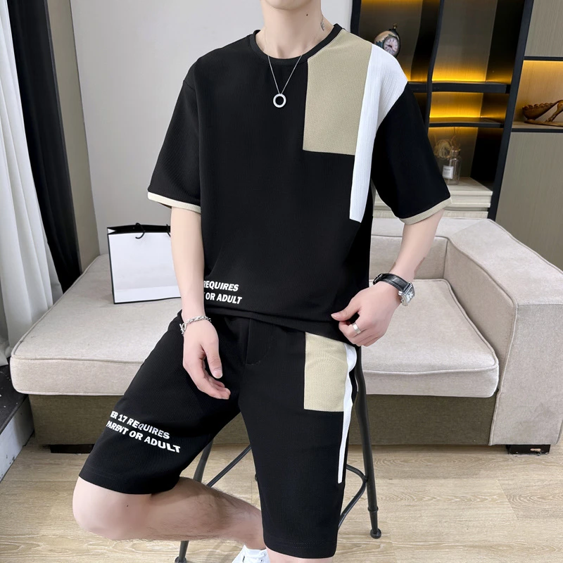 【轻奢精选】休闲运动套装男士韩版潮流夏季百搭宽松圆领帅气撞色