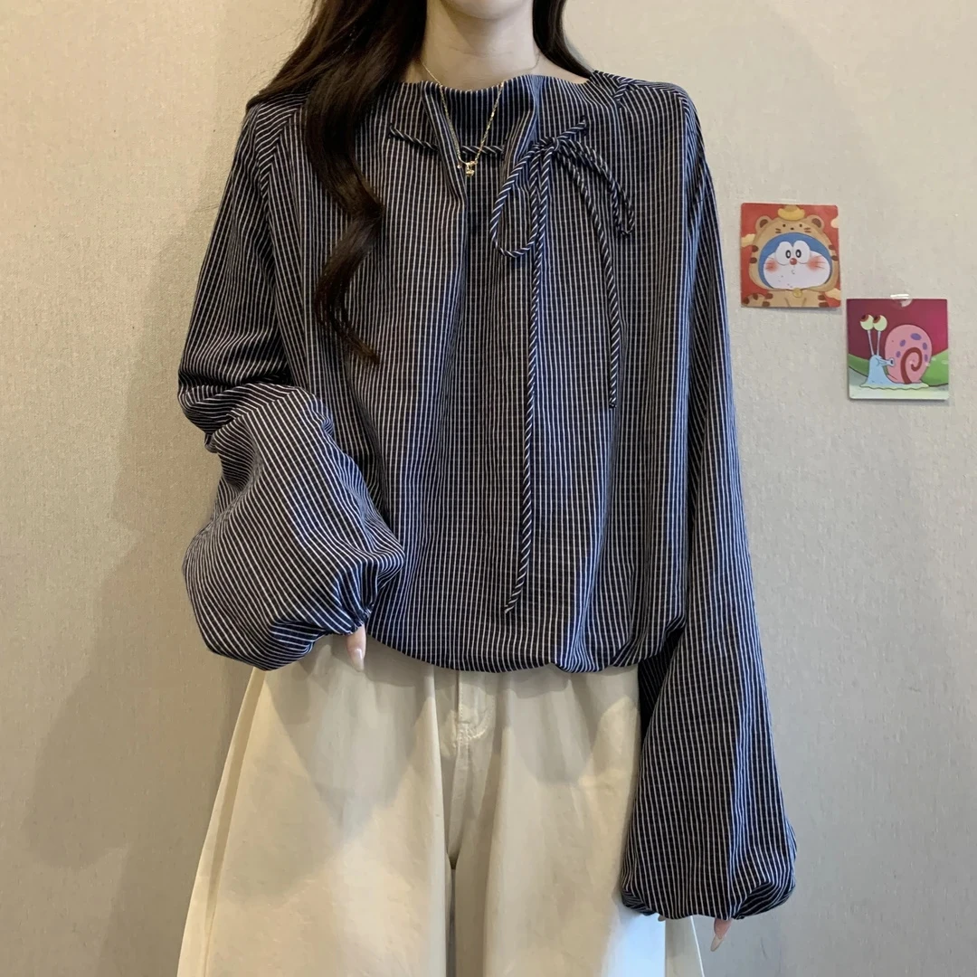 大码遮肚子设计感小众条纹衬衫女2025春秋新款胖妹妹宽松显瘦上衣