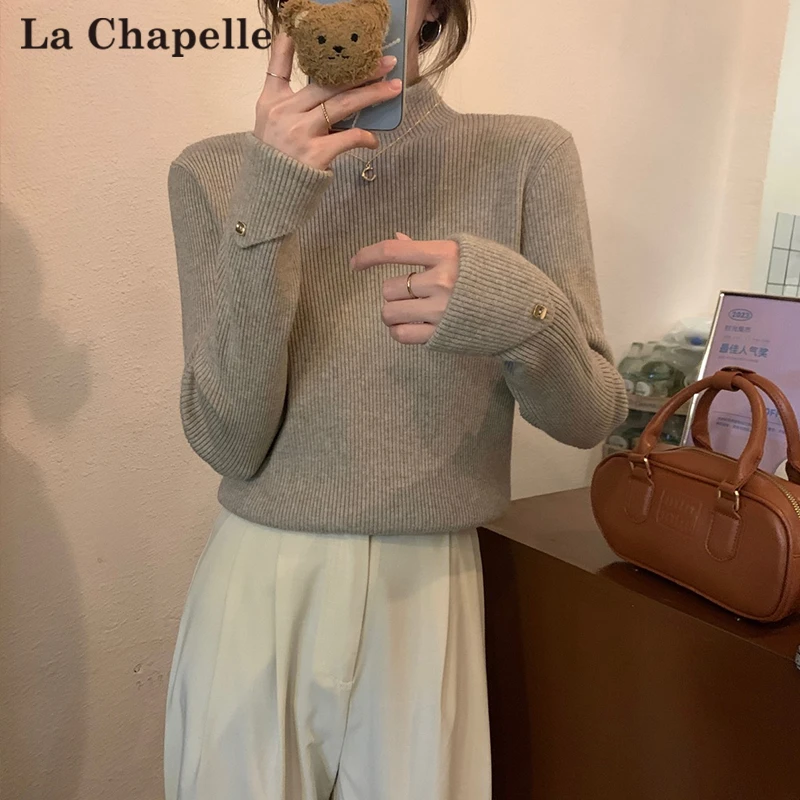 拉夏贝尔软糯半高领针织衫女秋冬2025韩版袖口设计气质内搭毛衣