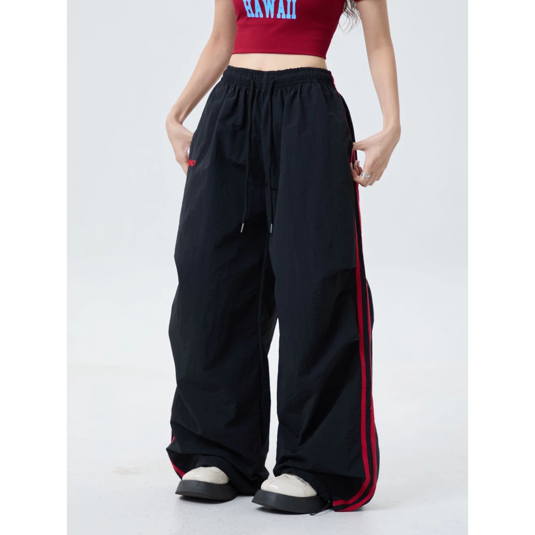 SHINING7 原创黑红双杠刺绣宽松直筒速干运动休闲裤7030