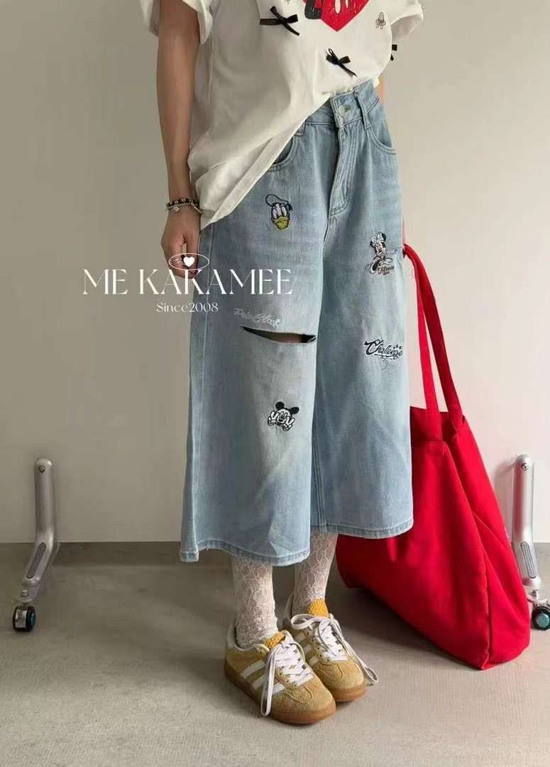 深圳南油高货原创ZZ夏季米奇阔腿裤子百搭韩版破洞水洗印花牛仔裤