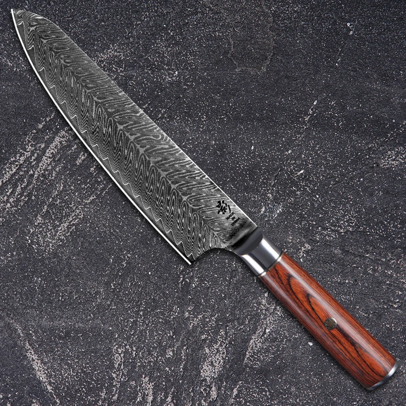 真大马士革鱼骨纹10cr15mov钢芯60-62±HRC红彩木主厨牛刀