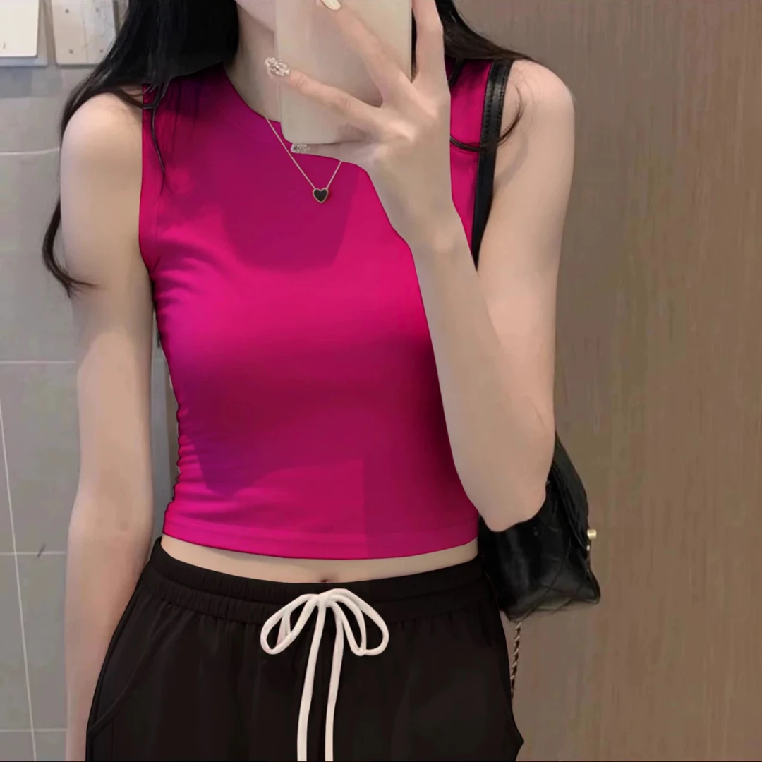 玫红色无袖背心t恤女夏季修身打底内搭吊带衫短款露脐紧身上衣ins