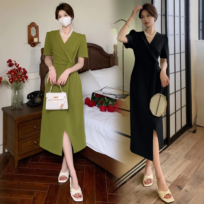大码胖MM女2024夏季新款式法式气质收腰A字显瘦遮肚开叉V领连衣裙