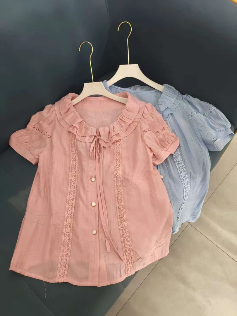 9812*【衣长约60】洋气时尚休闲百搭夏季夏款娃娃领泡泡袖衬衫