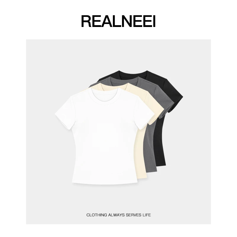 REALNEEI【随手穿】极简休闲天丝棉显瘦纸片人基础舒适短袖T恤25336