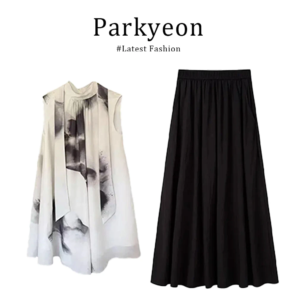 parkyeon新中式国风水墨晕染无袖上衣宽松显瘦垂感半身裙两件套女