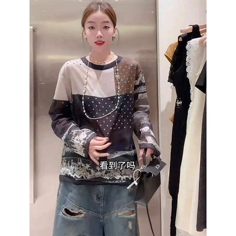 欧洲站2025秋季新款时尚显瘦高级垂感薄款长袖圆领撞色百搭上衣女