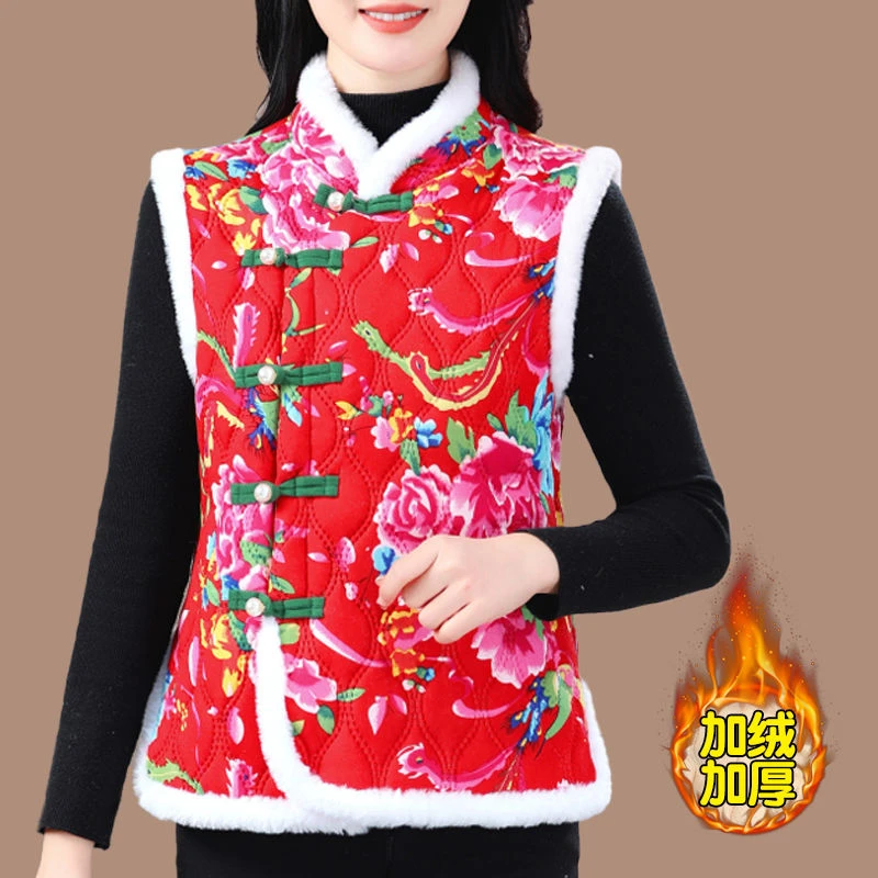 东北大花马甲中国风花棉袄盘扣民族女装加绒加厚唐装新年战袍坎肩