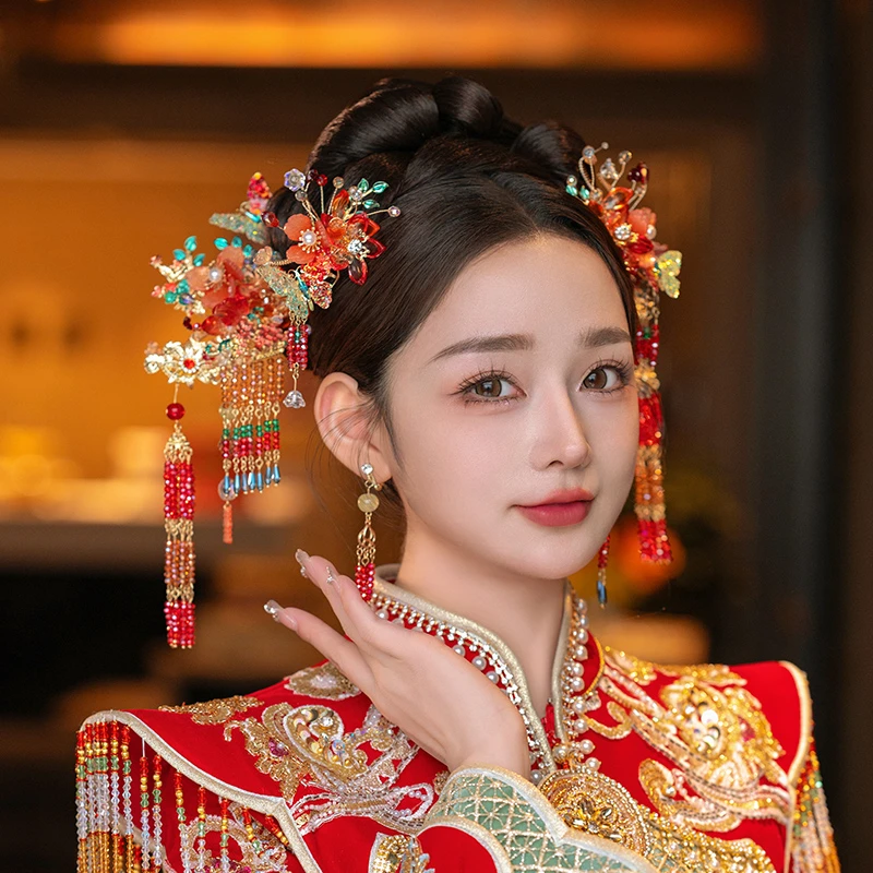 G030新娘头饰秀禾中式高级红金色步摇古风奢华简约结婚龙凤褂发饰