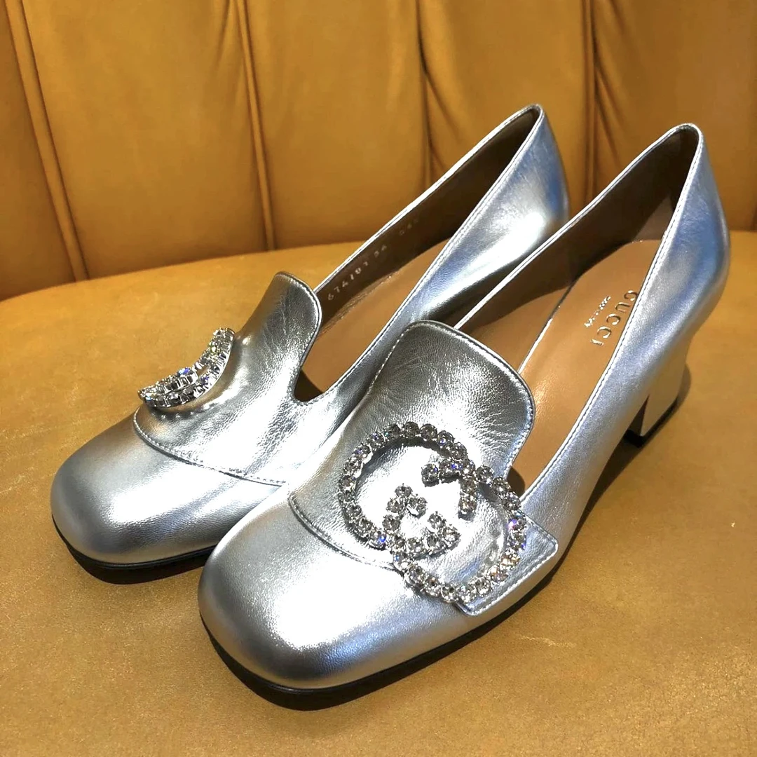 未使用 GUCCI/古驰 全新女鞋 银色亮面闪钻双G 高跟时尚单鞋 36码