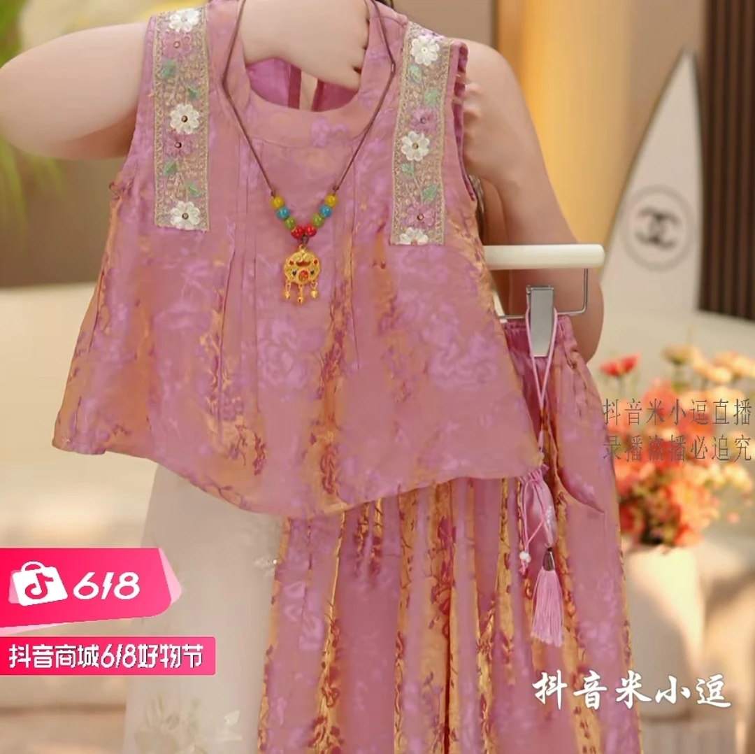 【米小逗】新款2025女童薄款新中式夏季中国风时髦无袖长裤套装k116