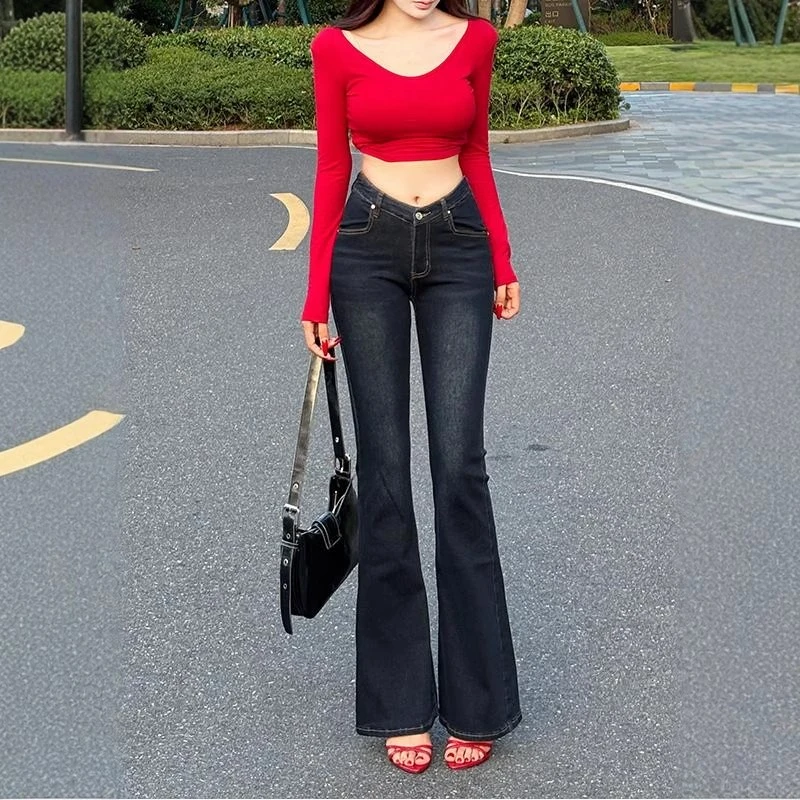 深蓝色高腰微喇牛仔裤女2025年秋冬女款加绒辣妹提臀喇叭裤爆款