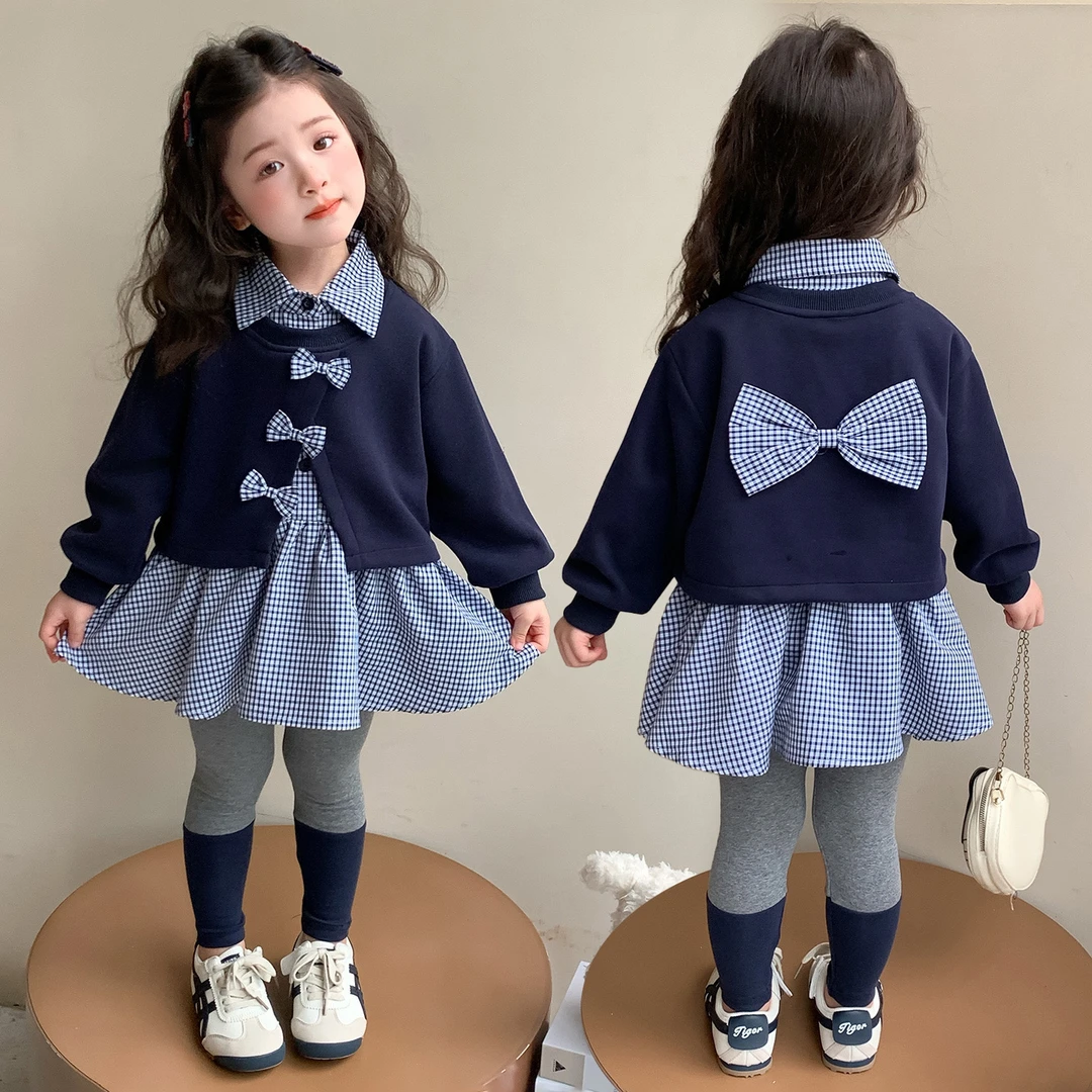 【韩系穿搭】女童洋气套装韩版蝴蝶结中长款卫衣打底裤两件套
