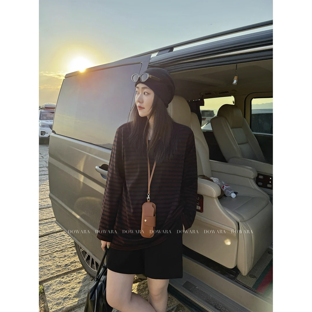 现货8866D大婉酱微胖定制【绵羊毛年轮衫】慵懒风上衣秋条纹显瘦T恤