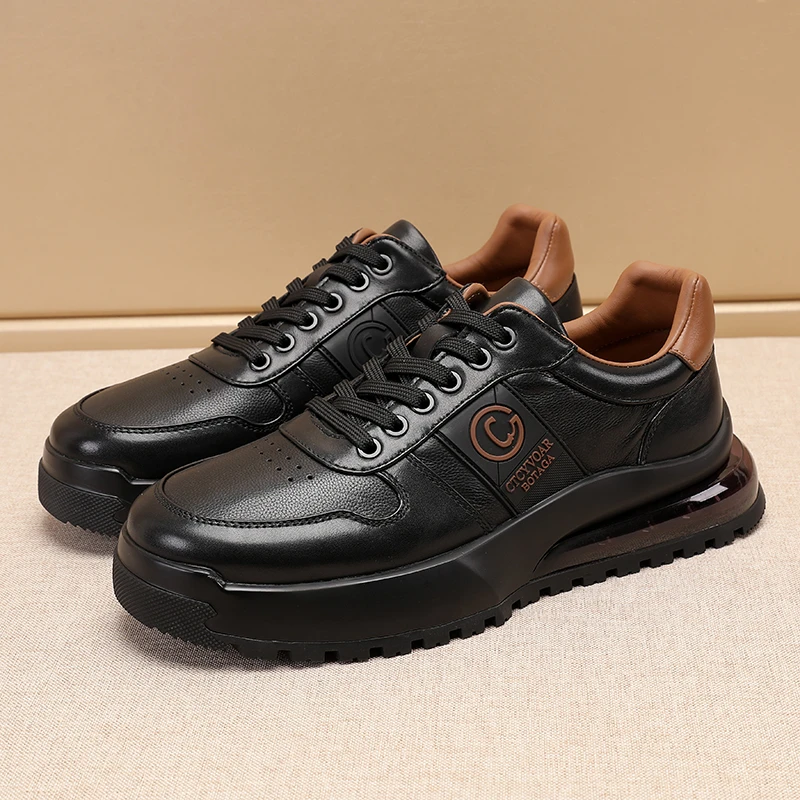 高级感胎牛皮休闲皮鞋男士时尚潮流气垫底轻奢商务风户外旅游鞋