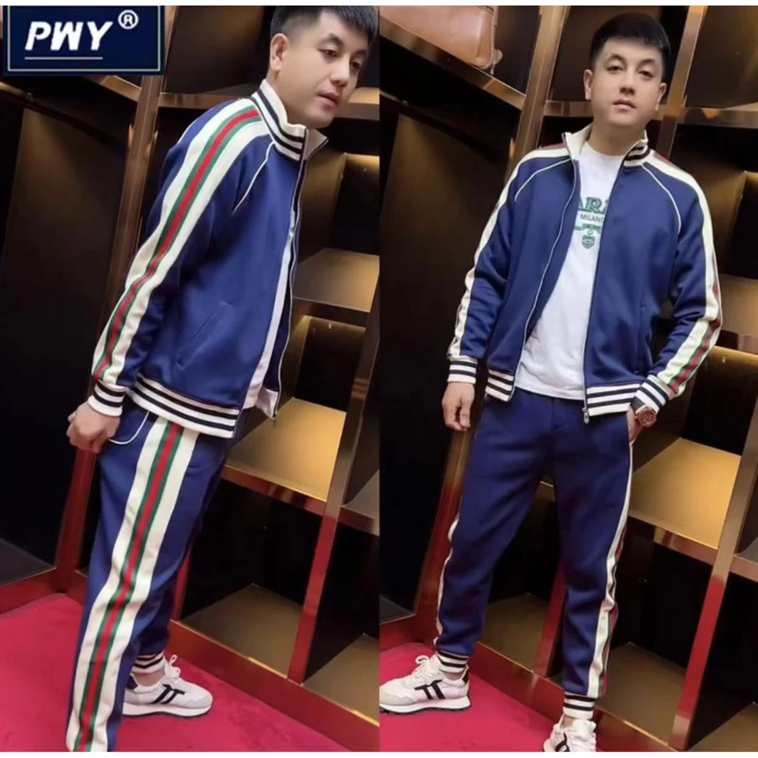 潮牌拼接时尚潮流休闲套装男士秋季宽松百搭立领外套束脚裤两件套