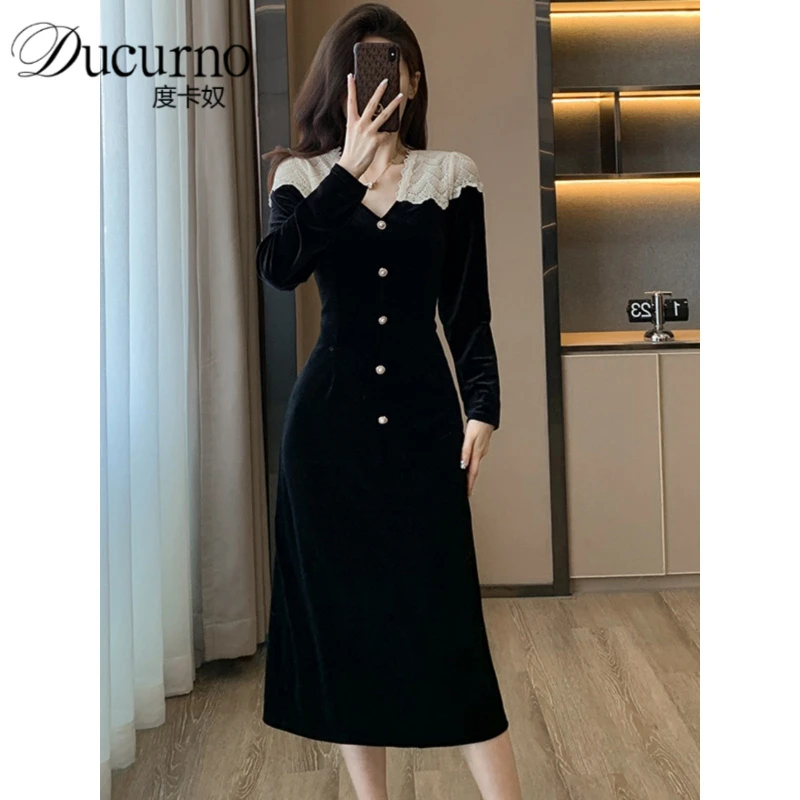 法式v领连衣裙女2025年秋季新款气质名媛蕾丝拼接丝绒收腰黑色裙