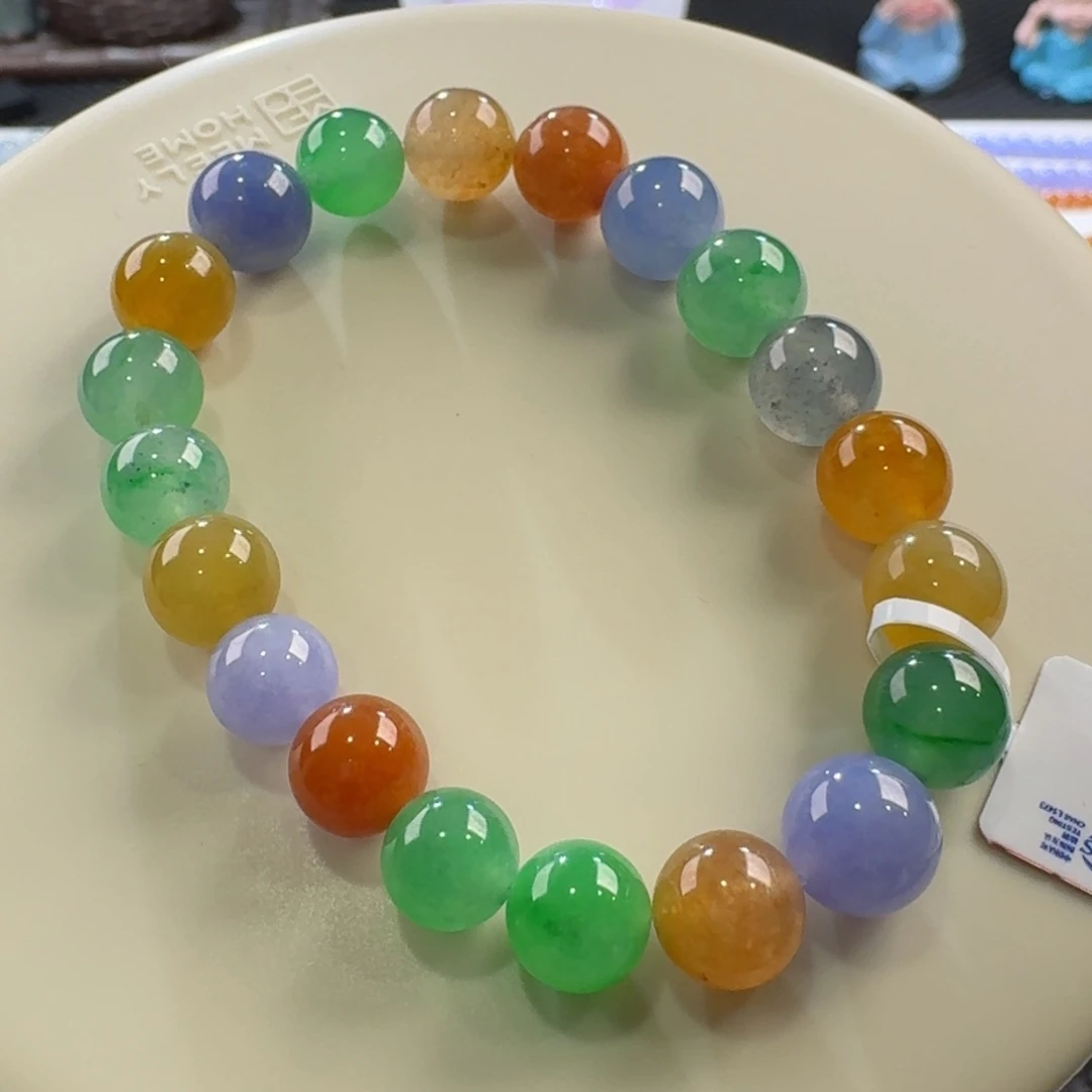 翡翠手链未镶嵌彩虹糖豆手串卡10-8.6 艳丽！收藏级！