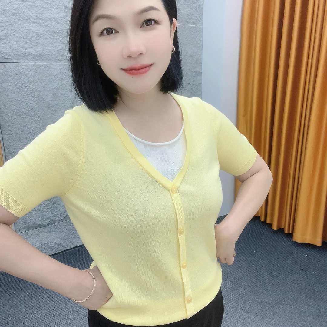 5126夏季新款短袖【大米家上衣】圆领V型假开衫短袖设计感拼色上衣