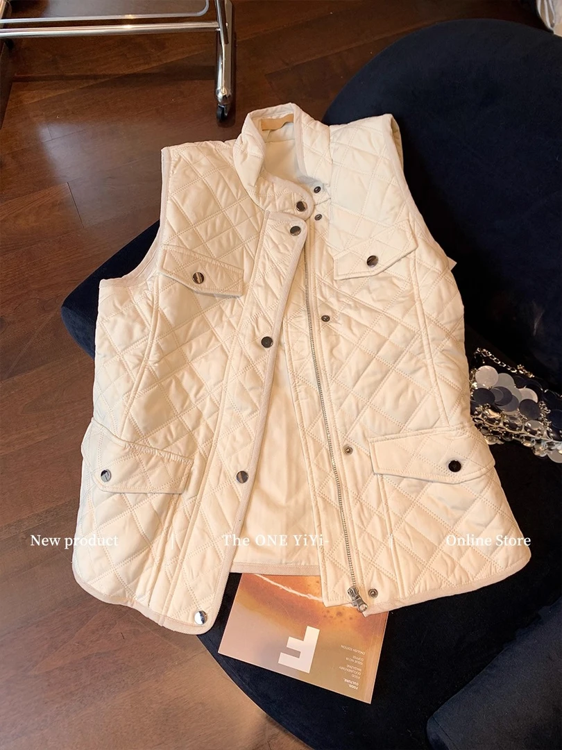 慵懒老钱风菱格立领棉服马甲女2025秋冬高级气质百搭保暖棉衣外套