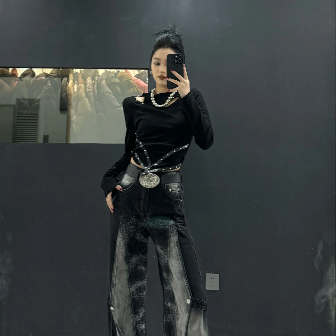 辰辰子女装春装新款时尚个性铆钉镂空上衣T