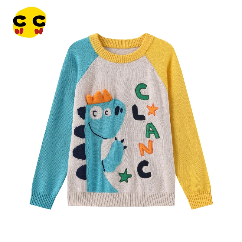 clanc潮牌童装2024秋冬新款儿童恐龙图案保暖圆领针织衫男童毛衣