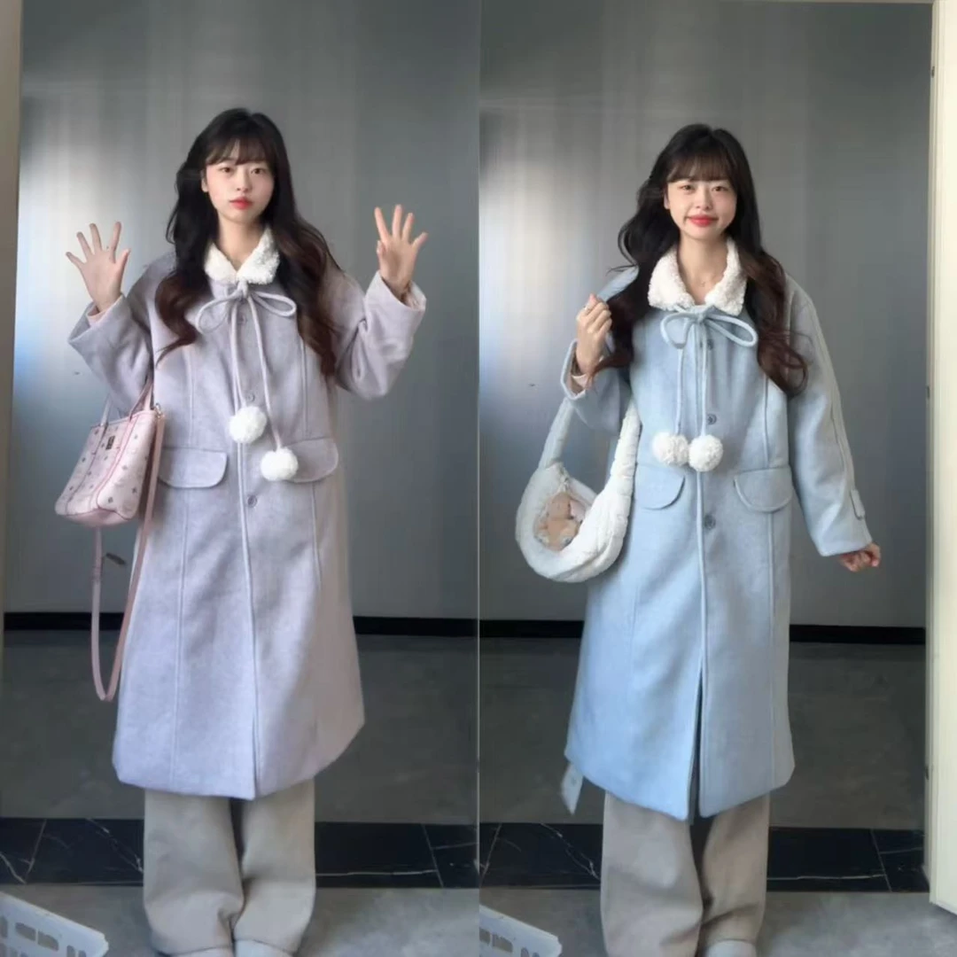 甜圈圈【芋泥蓝莓】毛呢长款大衣外套韩系保暖甜美通勤百搭加绒外套