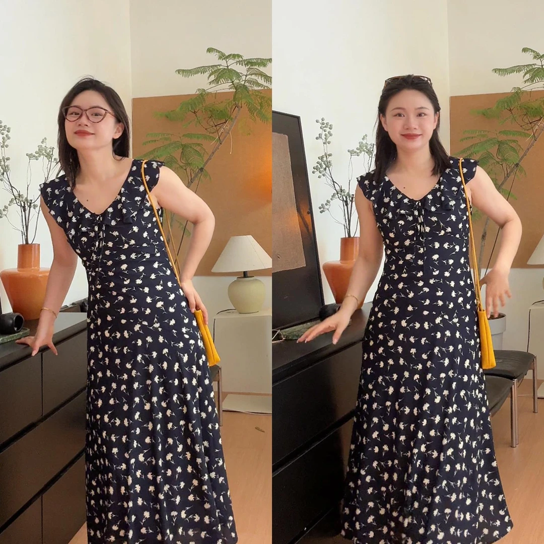 张小某梨形显瘦定制 V领系带花边知性风衣服碎花连衣裙L1696