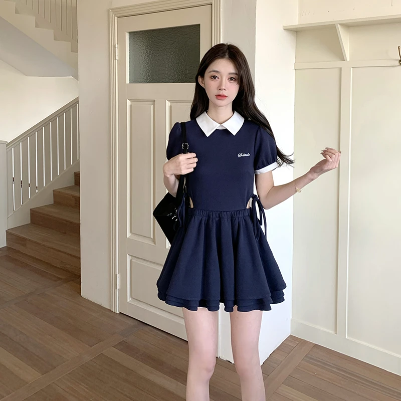 东京岁时记JK连衣裙学院风夏日绝美小裙子藏蓝色收腰显瘦气质长裙