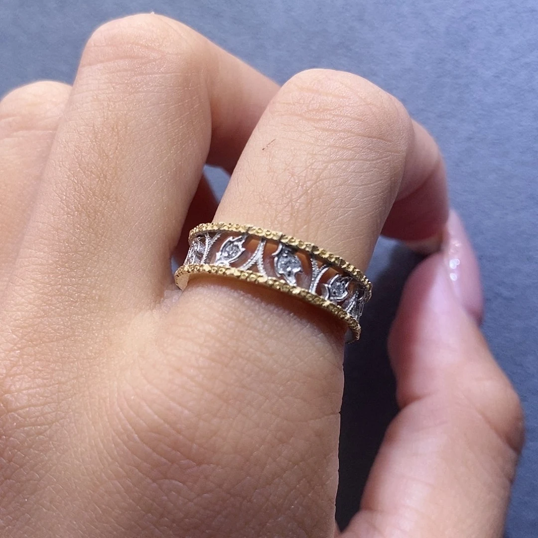 戒指/指环18K金镶嵌钻石树叶拼色镂空戒指窄14