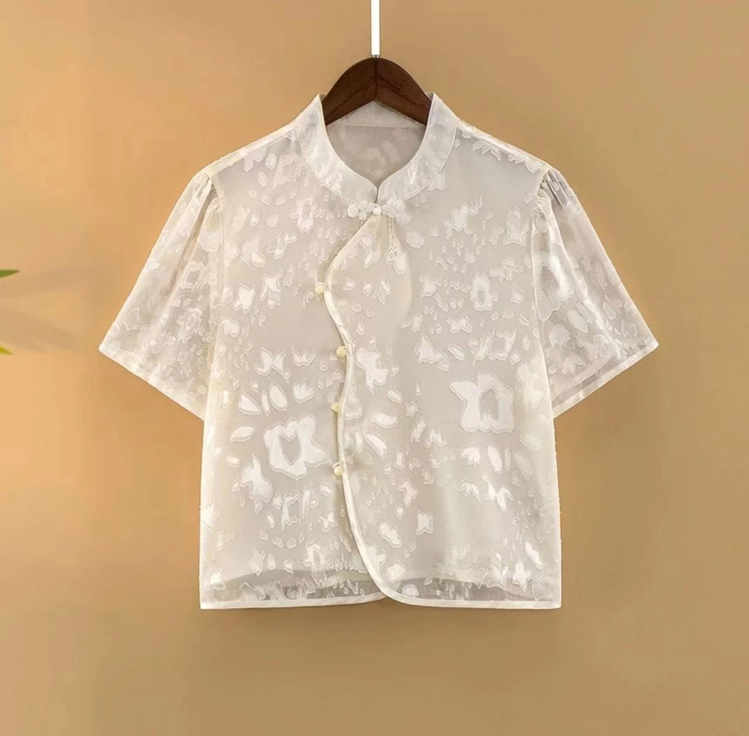 【如花】夏季2025新款上衣小衫新中式女装国风气质提花立领短袖衬衫