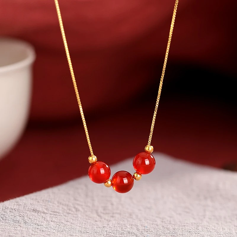天然红玛瑙项链吊坠玉髓路路通轻奢转运珠红宝石锁骨链古风女礼物
