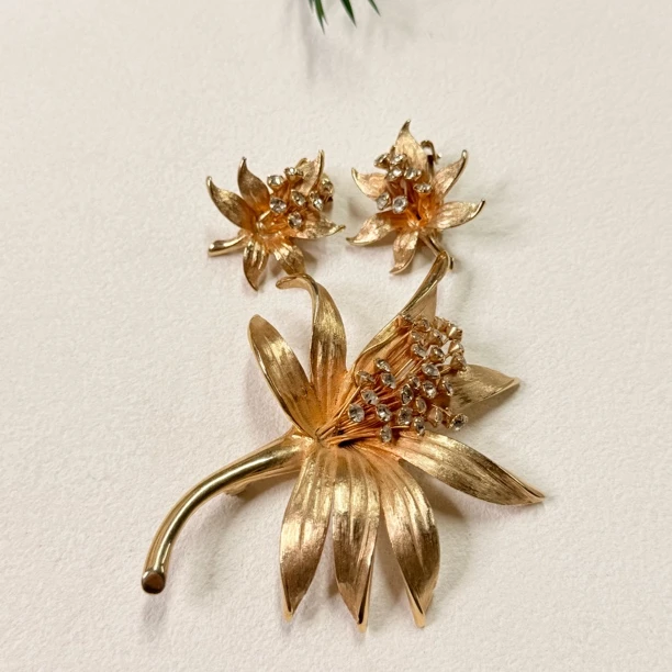 铜合金锆石胸针 【六六中古】孤品复古胸针耳夹套装ty2521