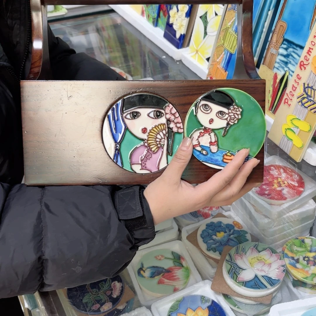 瓷片老榆木实木提梁收纳月