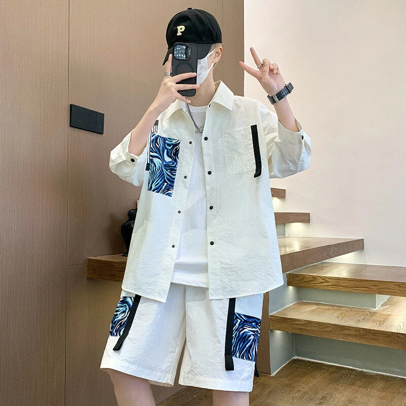 潮牌短袖男衬衫夏季套装帅气炸街一套搭配衣服男青少年休闲两件套