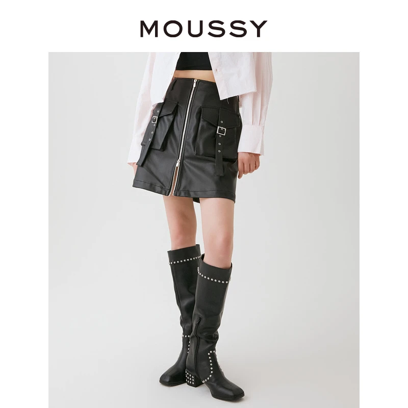 MOUSSY 秋冬新款朋克摇滚风金属元素拉链款设计薄皮革短裙女
