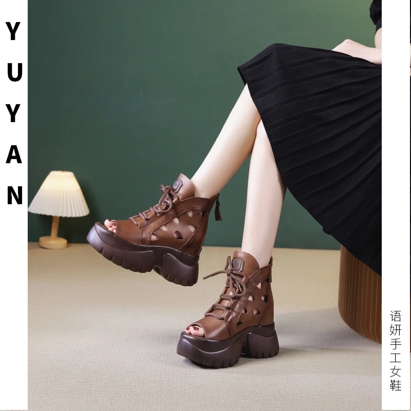【YUYAN】9cm内增高真皮厚底鱼嘴罗马凉鞋春夏季新款潮清洗带休闲款