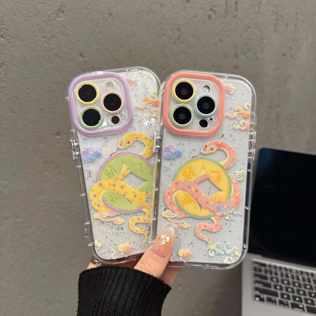 闪粉奶油手机壳适用苹果16pro灵蛇绕金币iPhone15小众14新款小众