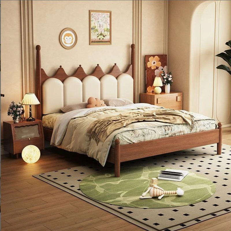 现代简约皇冠实木床主次卧双人床家用轻奢儿童床软包大床