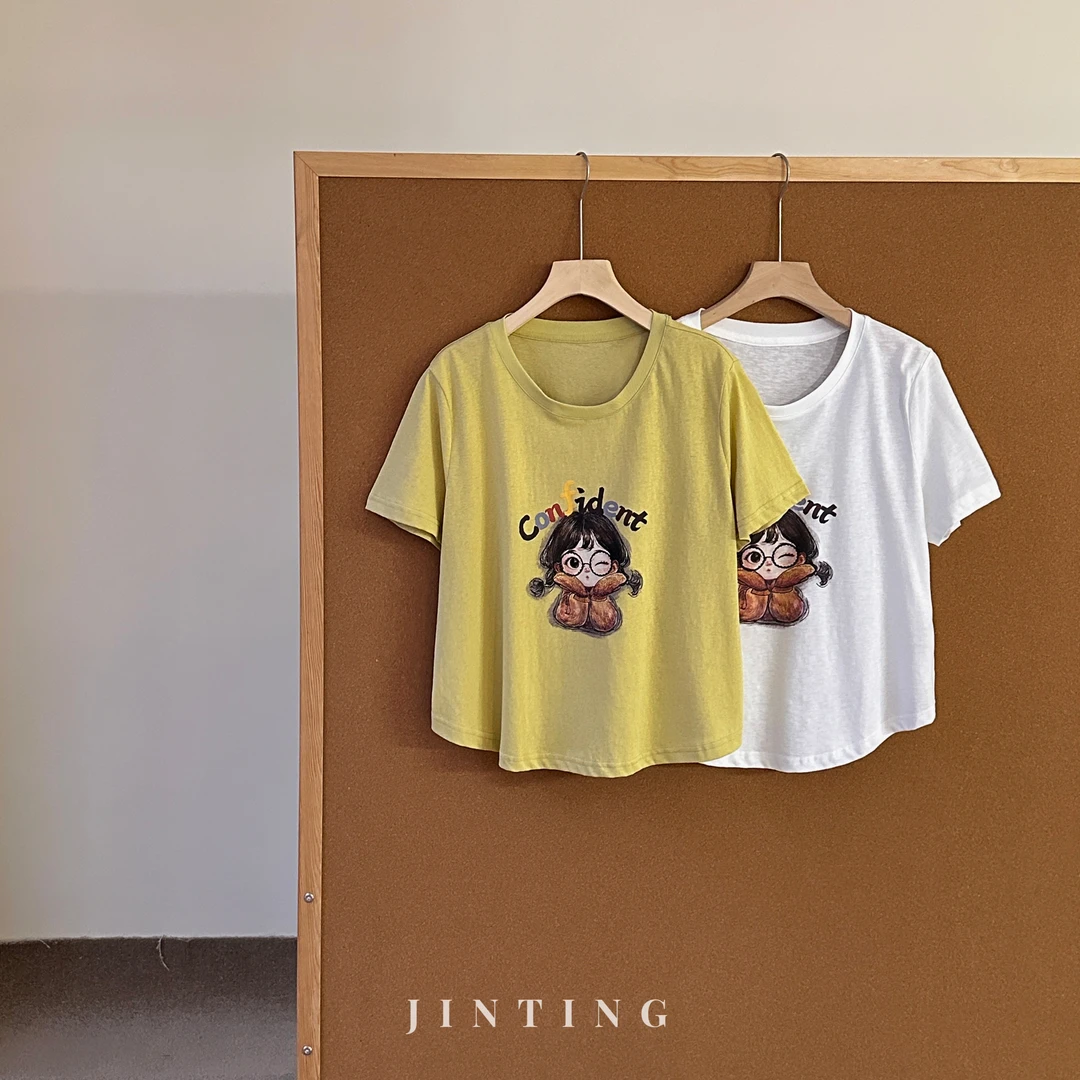 今婷韩系休闲时尚百搭舒适显瘦圆领印花女孩短袖T恤-M25218338