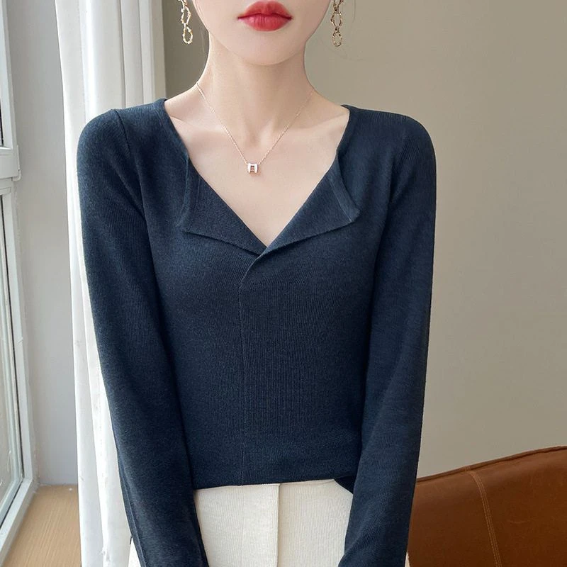 领针织女翻领毛衣毛衣打底秋冬衫衫低领V打底长袖针织衫打底羊毛