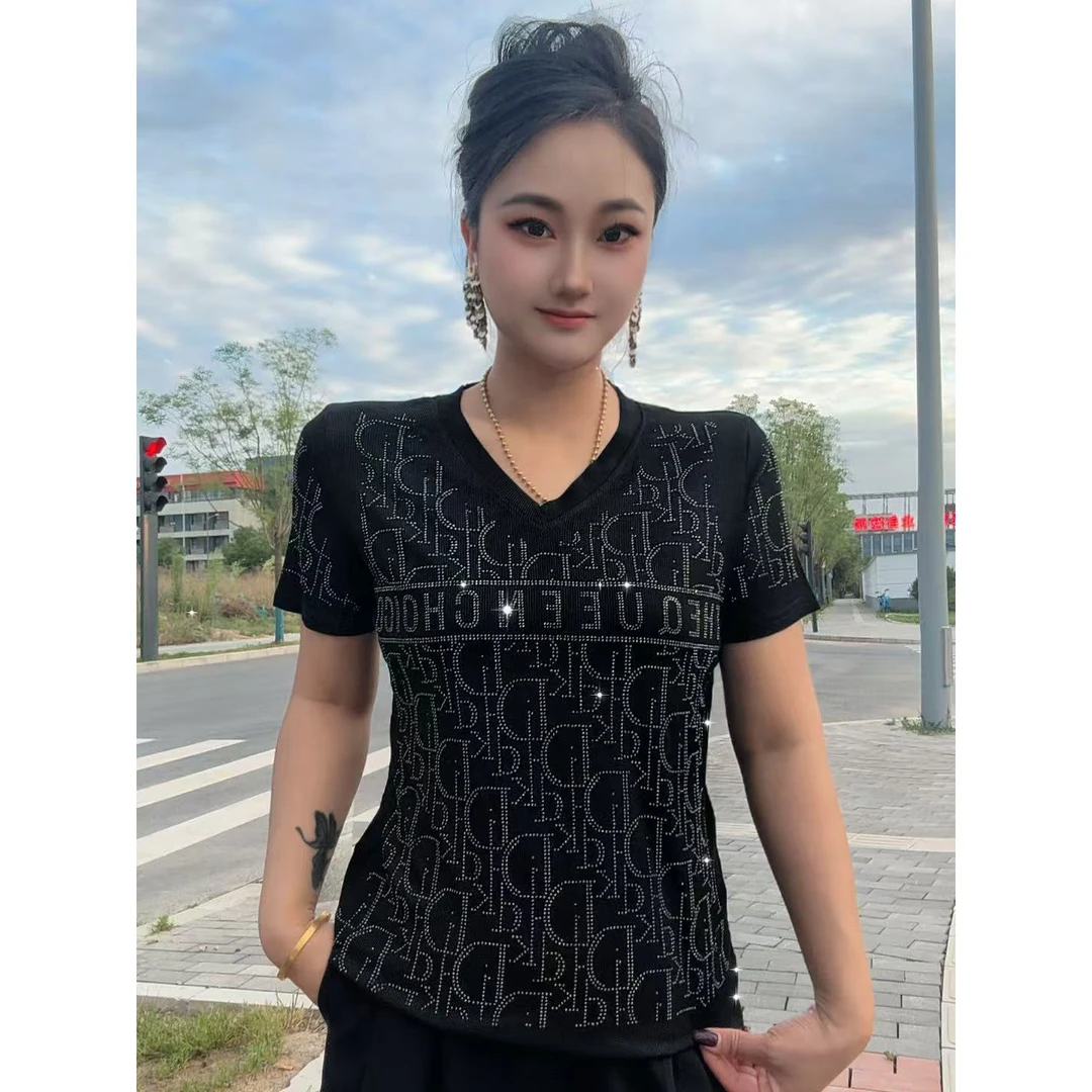【网红爆款40#】欧货T恤烫钻显瘦百搭上衣休闲打底衫