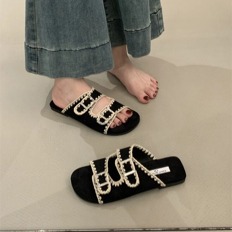 凉鞋女鞋夏季法式复古温柔仙女一字凉拖中式拖鞋裙子方头显瘦露趾