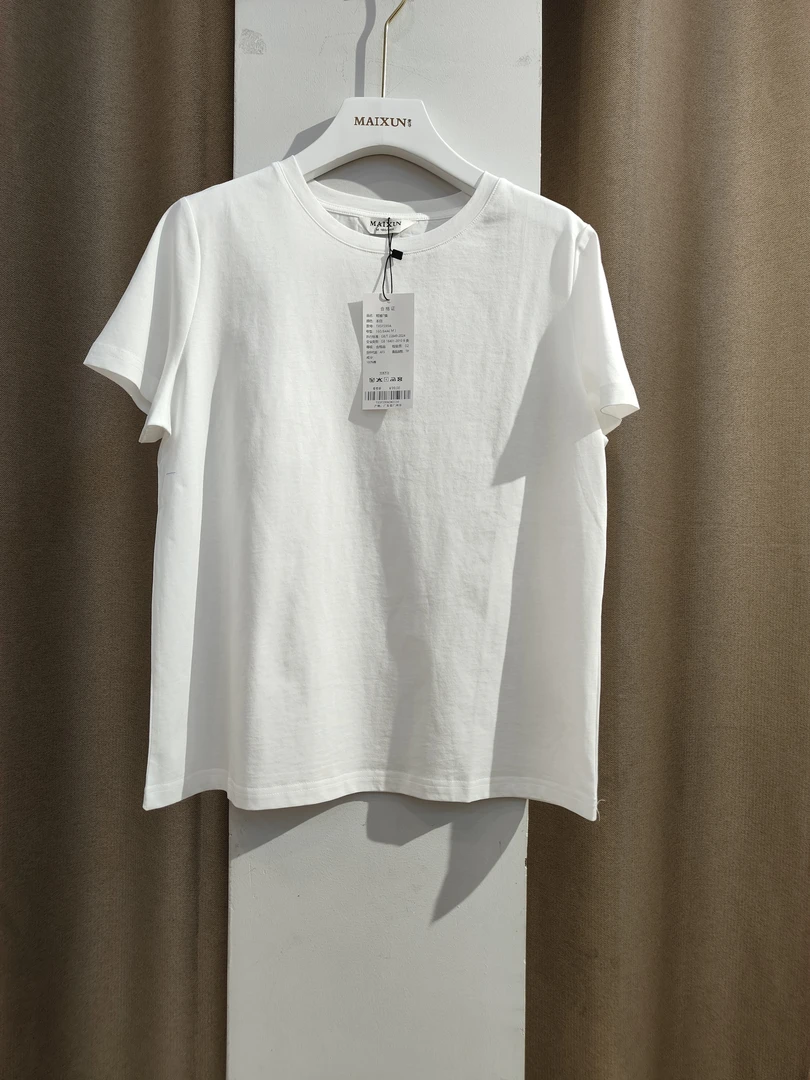 麦寻纯色白色圆领短袖夏季抗起球编织风T恤女士设计师宽松舒适