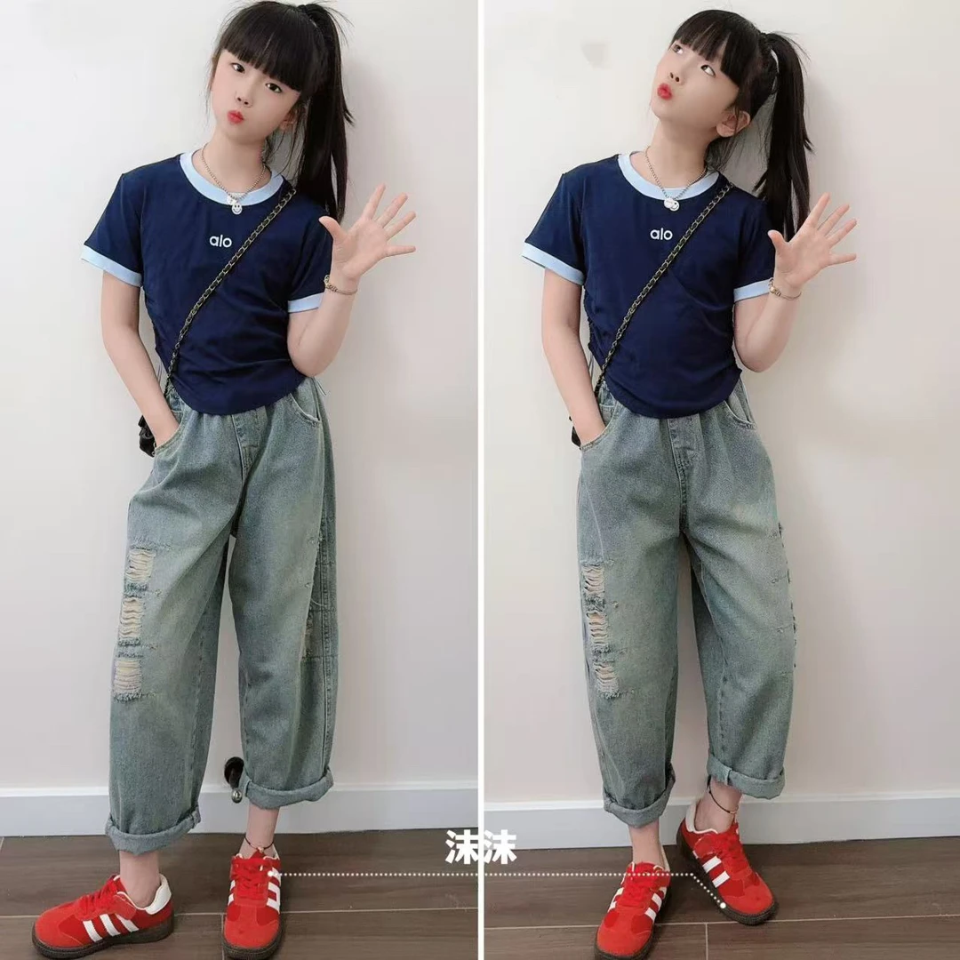 女童裤子2025新款夏季儿童洋气中大童破洞牛仔裤T恤