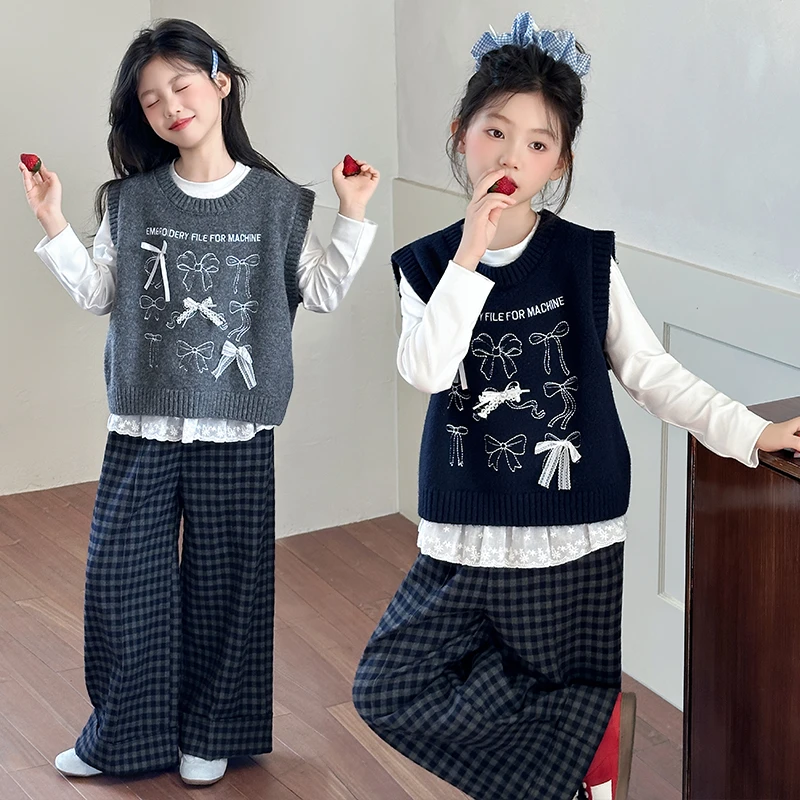 女大童套装童装秋季套装2025新款儿童大童洋气时髦毛衣马甲三件套