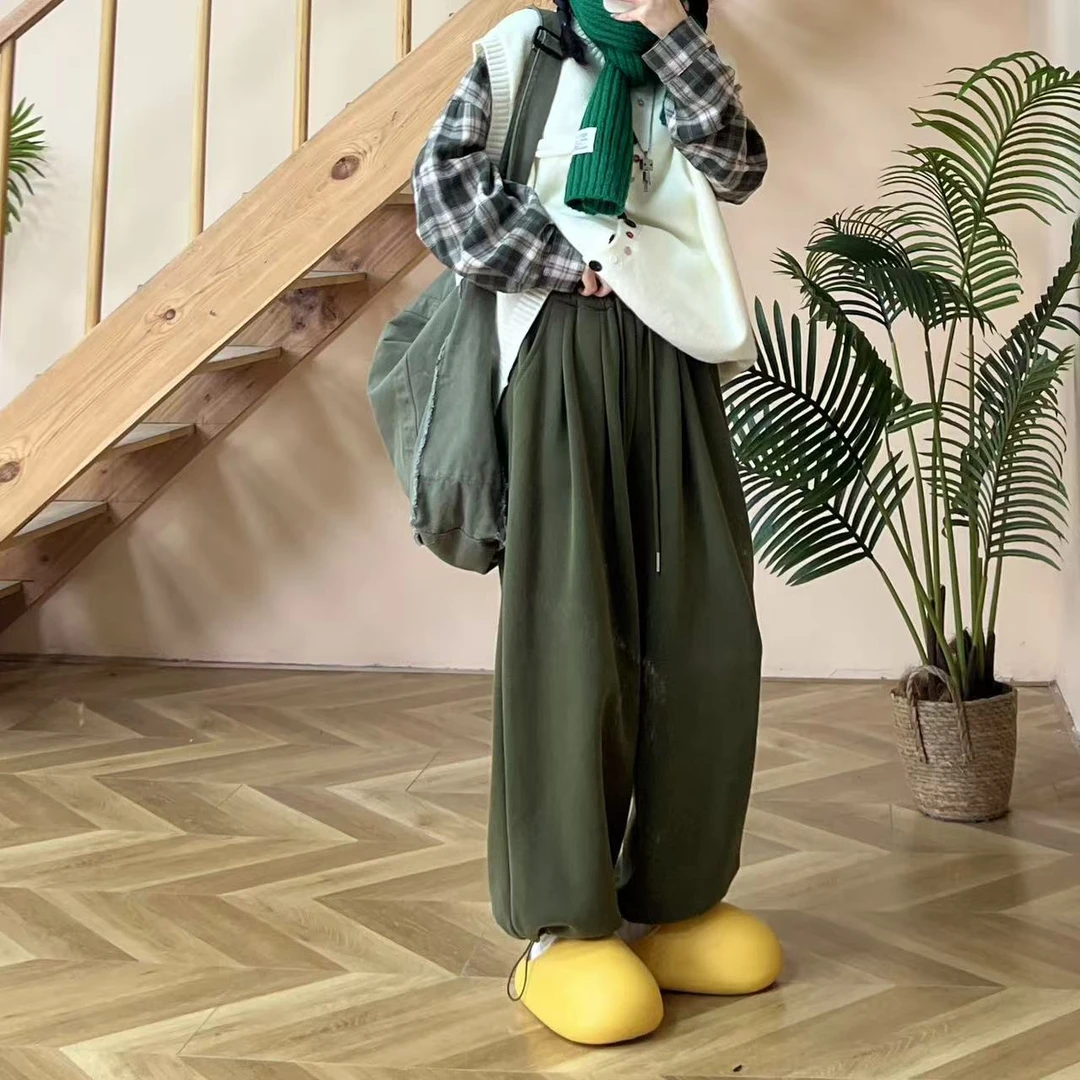 冬季新款复古慵懒风纯色收脚口袋松紧腰百搭阔腿抽绳卫裤60EN06