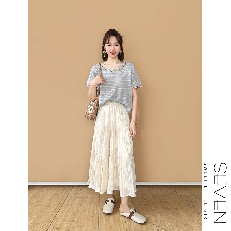 紫色香风③七七146小个子钉珠镂空针织T恤女士夏季短袖上衣小美说